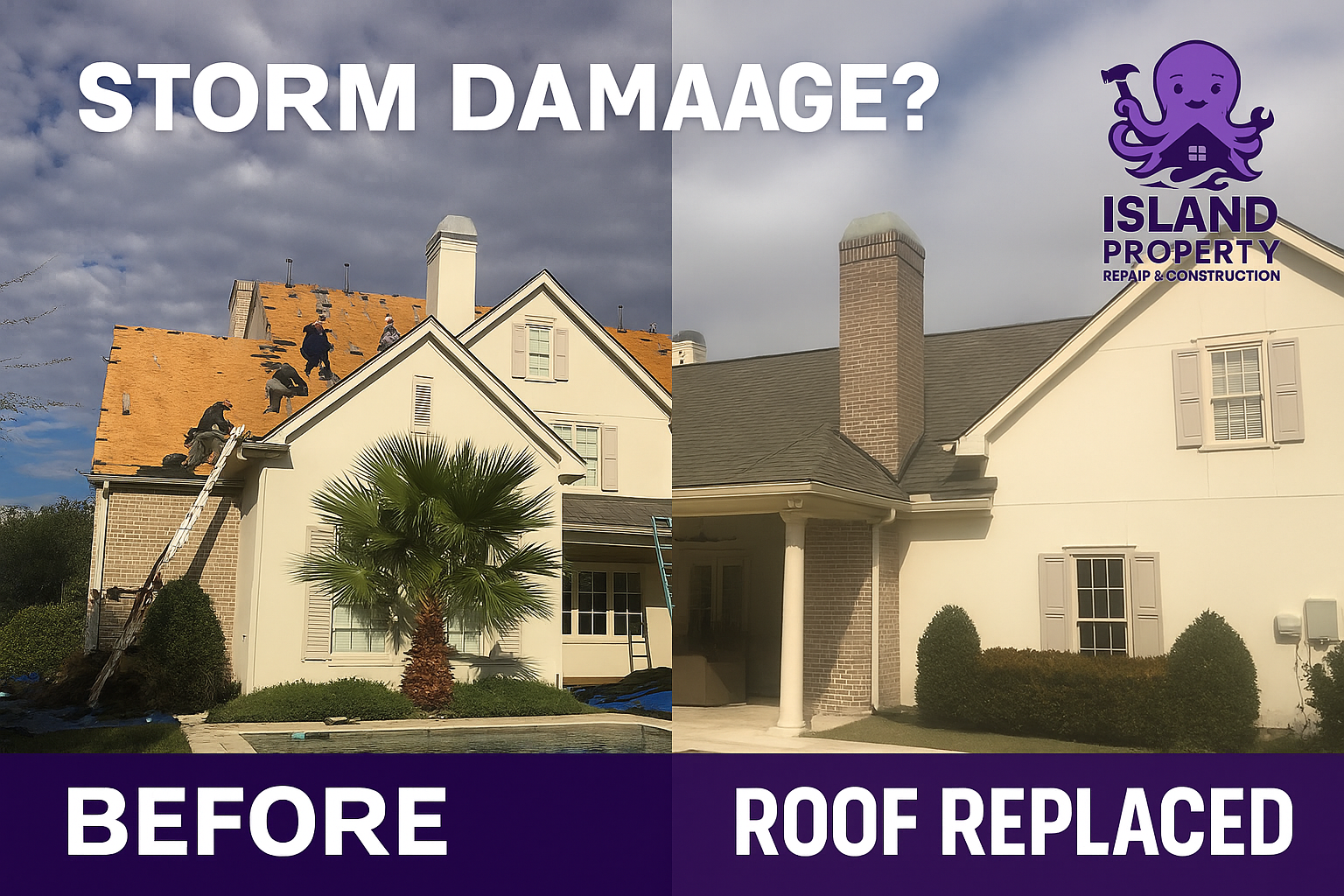 Storm-damaged roof replaced and ventilated in Galveston